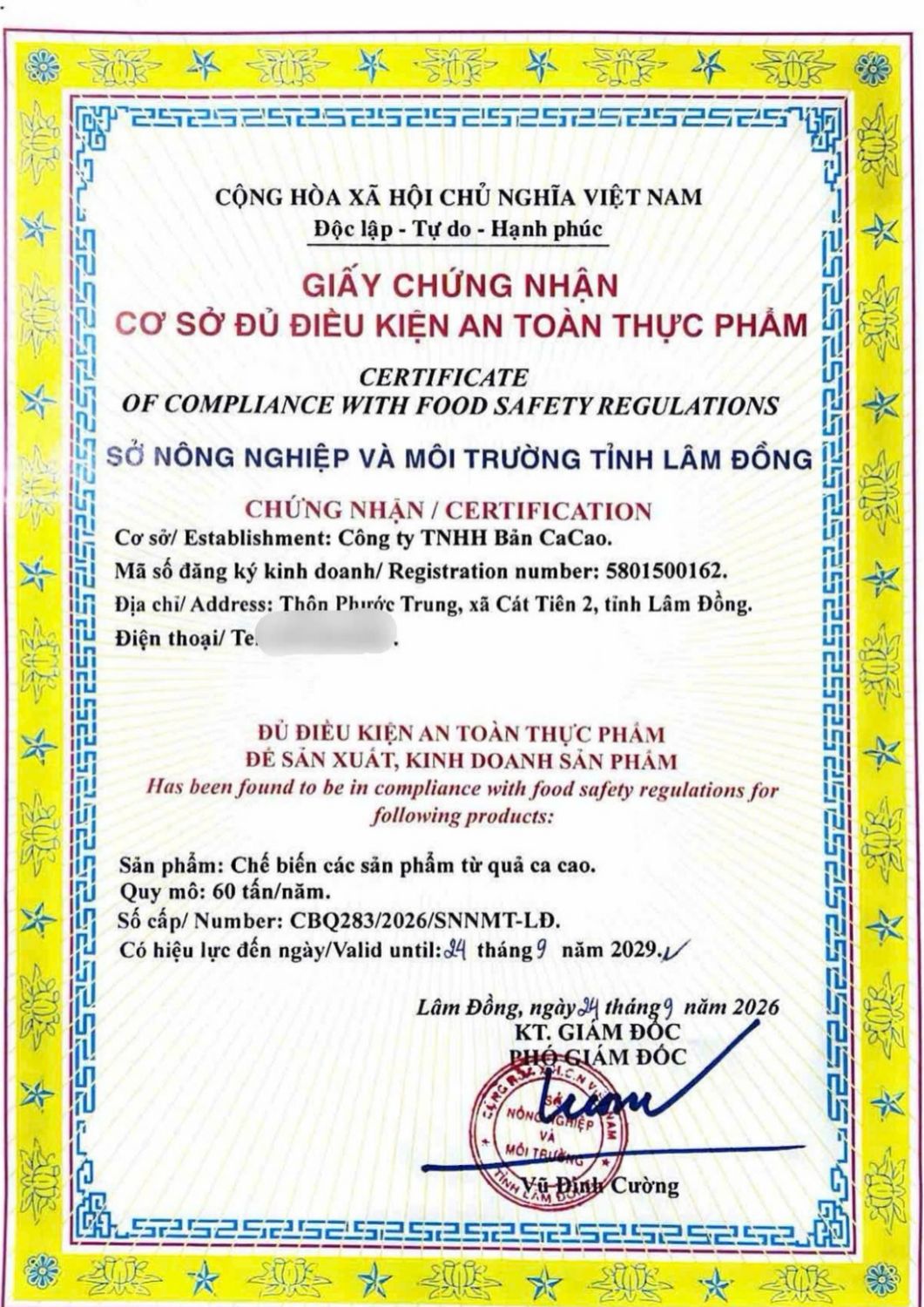 Giấy chứng nhận an toàn thực phẩm Bản Cacao